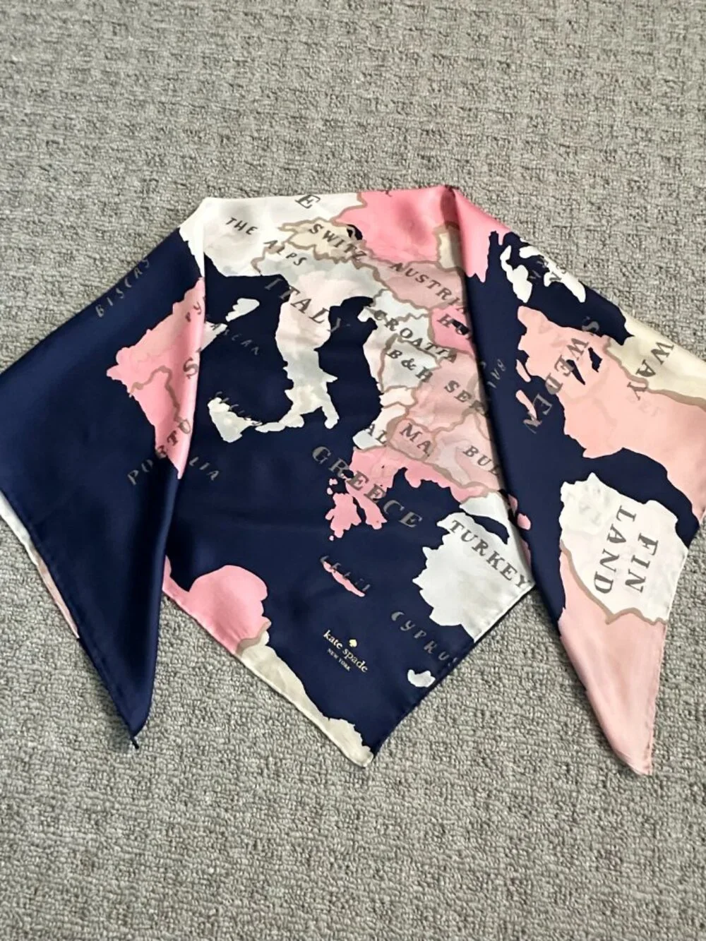 Kate Spade Going Places Silk Scarf Europe Map Navy Blush Gold Foil 34x34 Rare